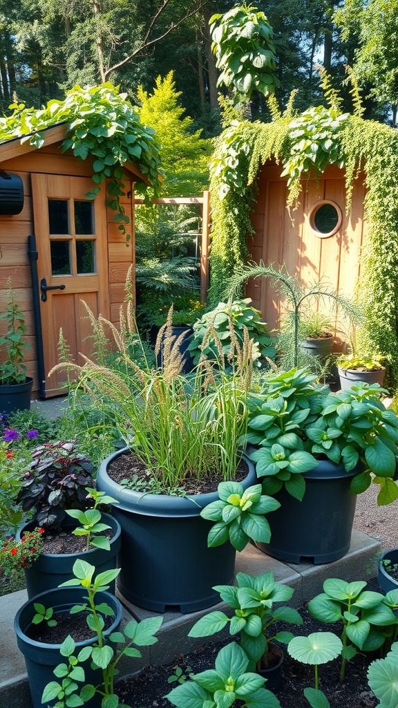 A cozy shed surrounded by a flourishing herb garden in pots.