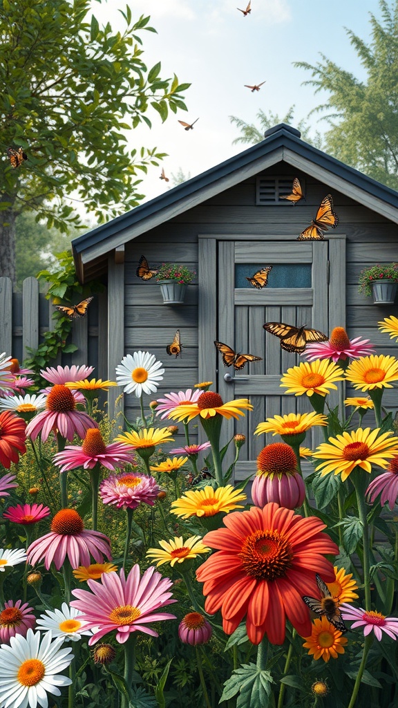 A colorful garden of native flowers blooming in front of a shed, attracting butterflies.