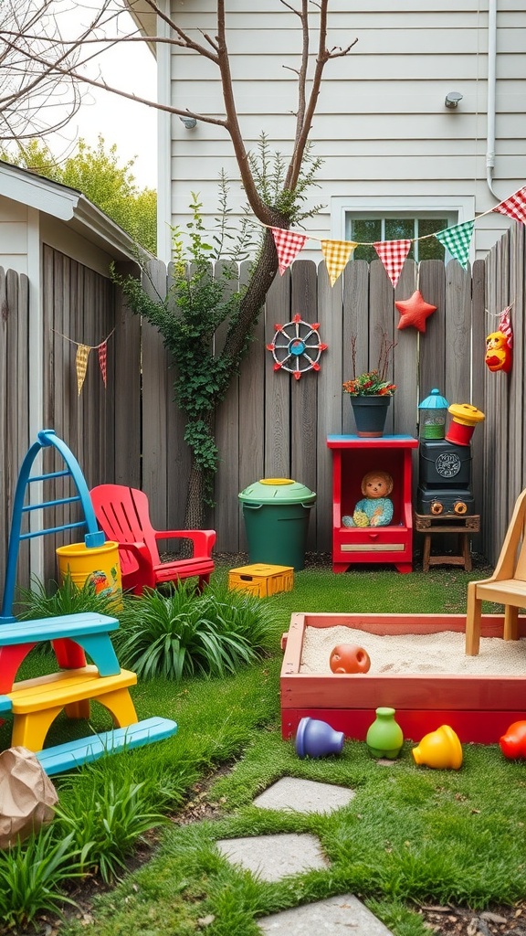 A colorful side yard for children with a sandbox, play equipment, and decorations.