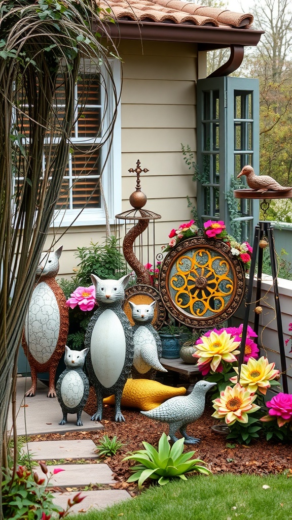 Colorful garden art sculptures and flowers in a small side yard.