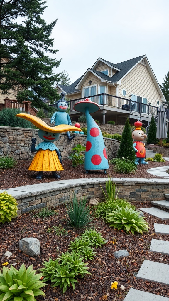 Playful garden sculptures in a sloped backyard