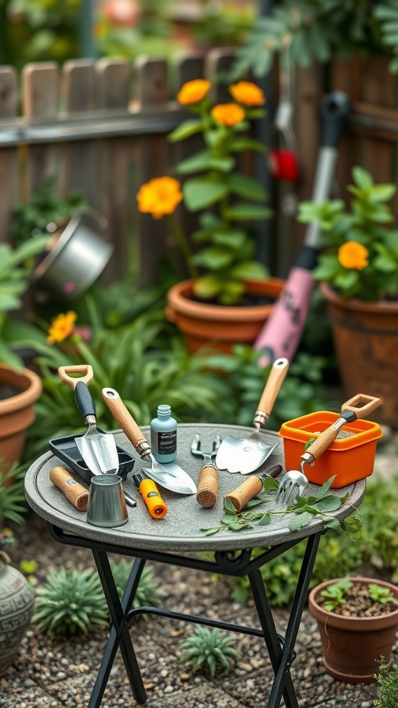 A variety of portable gardening tools on a table in a small backyard