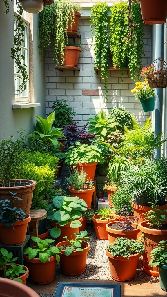 A vibrant potted herb garden with various plants in terracotta pots