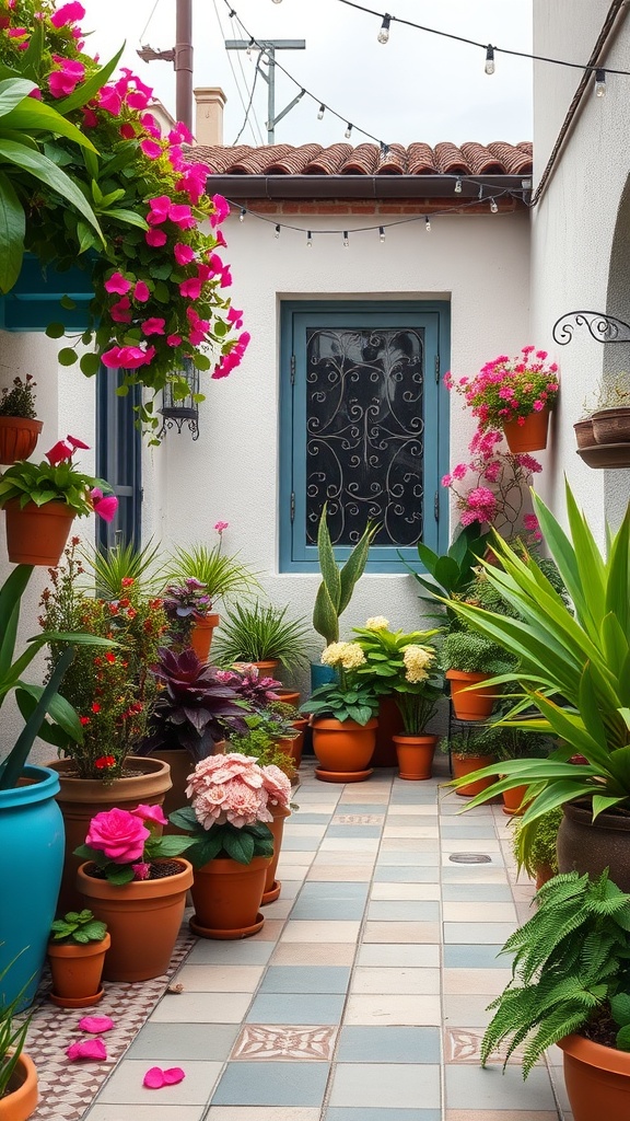 A small courtyard filled with various potted plants, colorful flowers, and decorative pots.