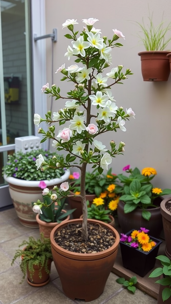 A vibrant potted tree with pink and orange blossoms in a small backyard.