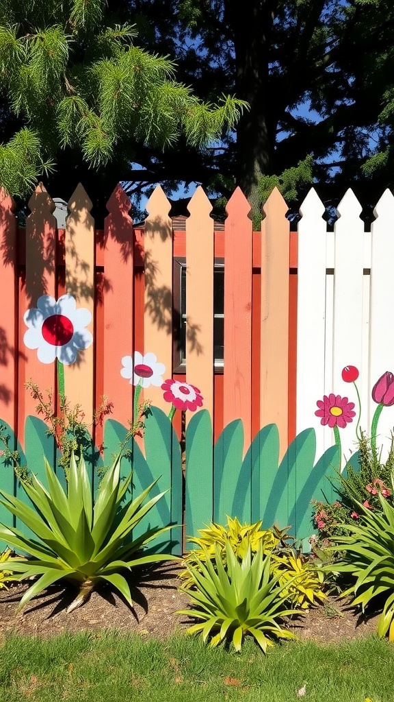 A painted privacy fence featuring vibrant flowers in a backyard setting