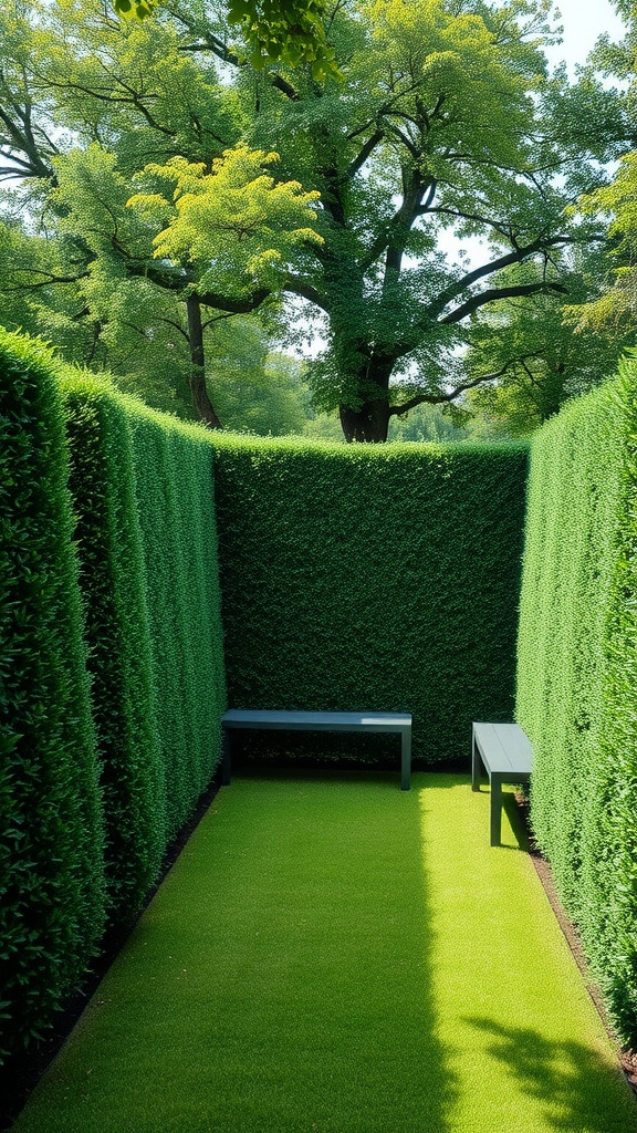 Cozy outdoor space surrounded by tall green hedges with benches.