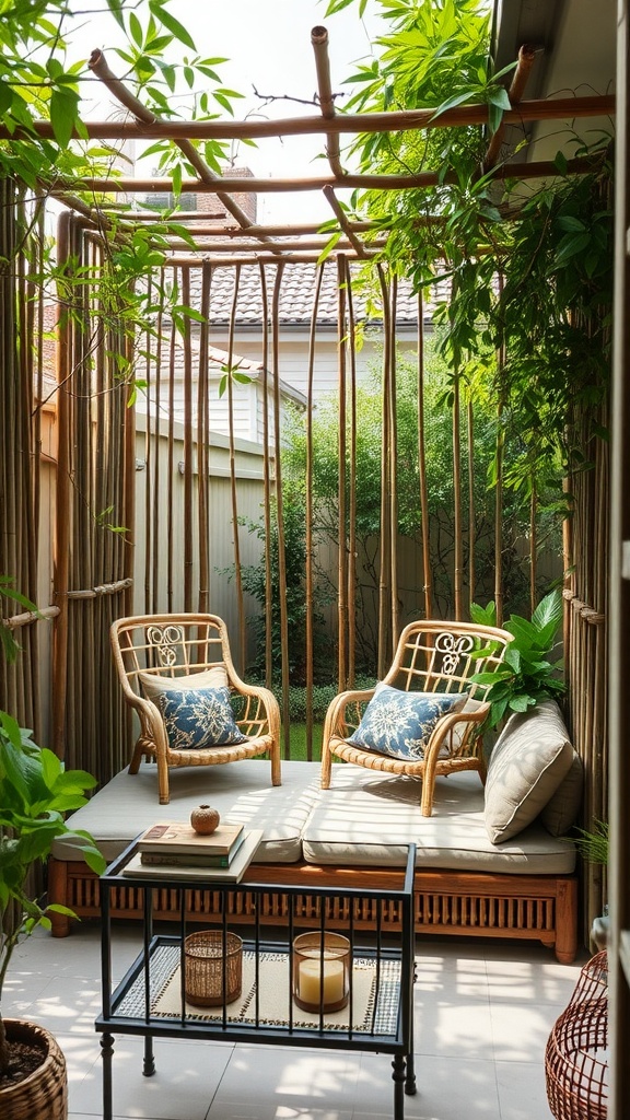 A cozy nook with bamboo walls, green cushions, and a small table in a backyard setting.