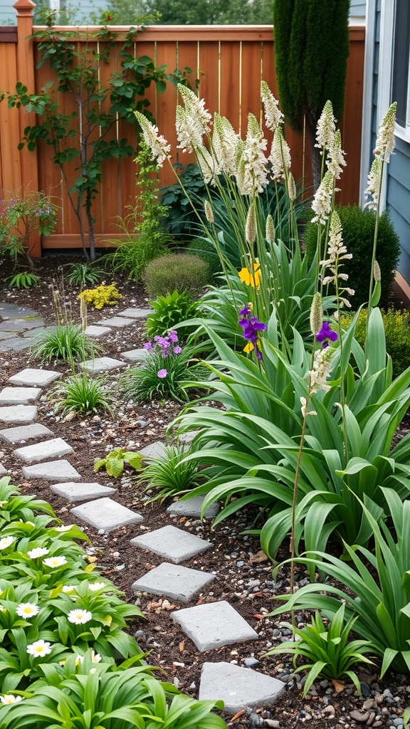 A vibrant rain garden with stepping stones and a variety of plants, showcasing eco-friendly landscaping.