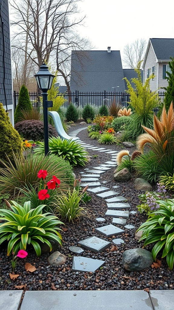 A beautifully landscaped rain garden featuring a stone pathway and colorful plants.