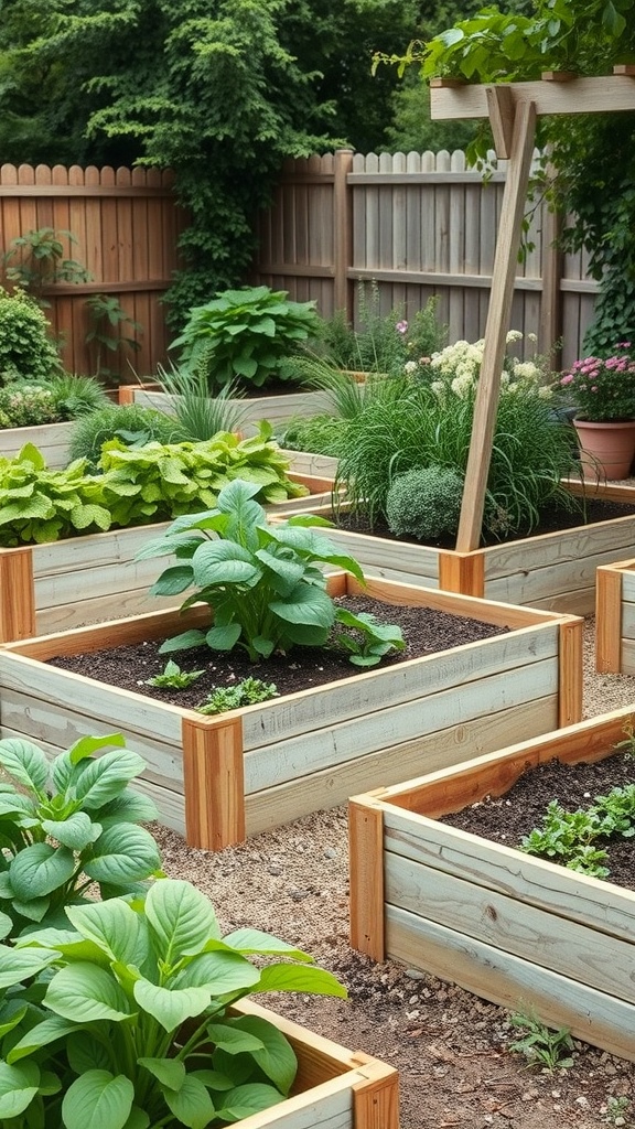 An organized backyard with raised garden beds filled with various plants.