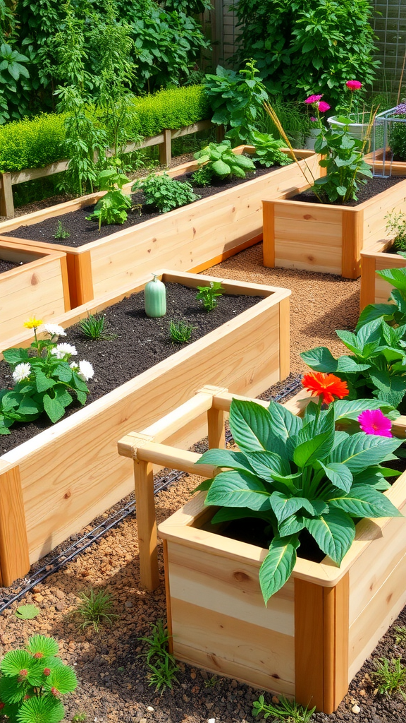 A vibrant garden with raised beds filled with various vegetables and flowers.