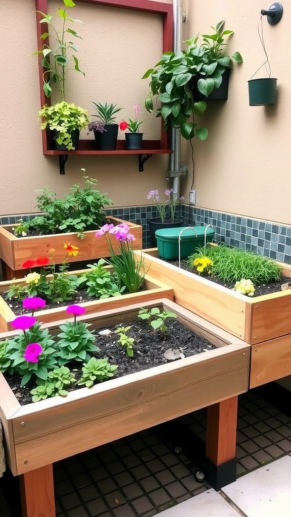 A small courtyard garden with raised wooden planter beds filled with various plants and flowers.