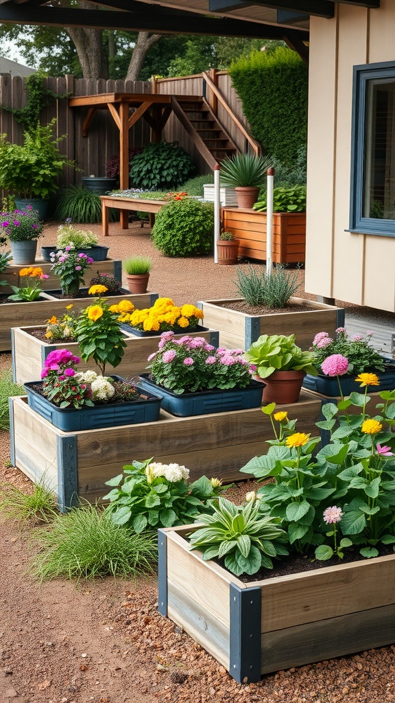 Colorful raised planter beds with various flowers in a sloped backyard