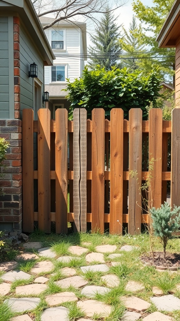 A rustic wooden pallet fence with varying heights, surrounded by greenery and a stone pathway.