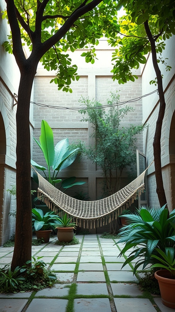 A courtyard with a hammock surrounded by lush plants and trees.