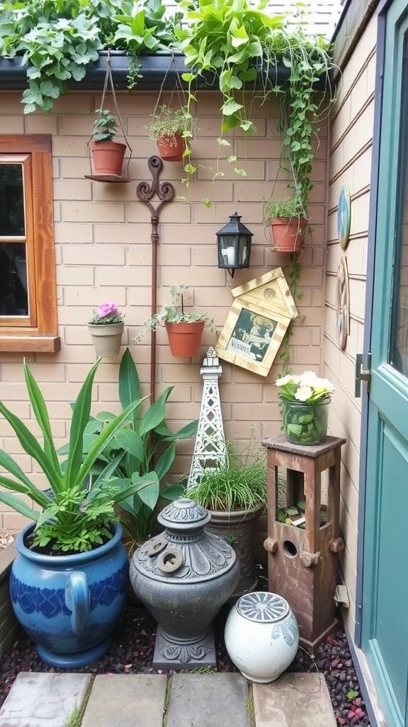 A cozy small courtyard garden featuring repurposed materials like a clay pot, wooden planks, and decorative figurines.