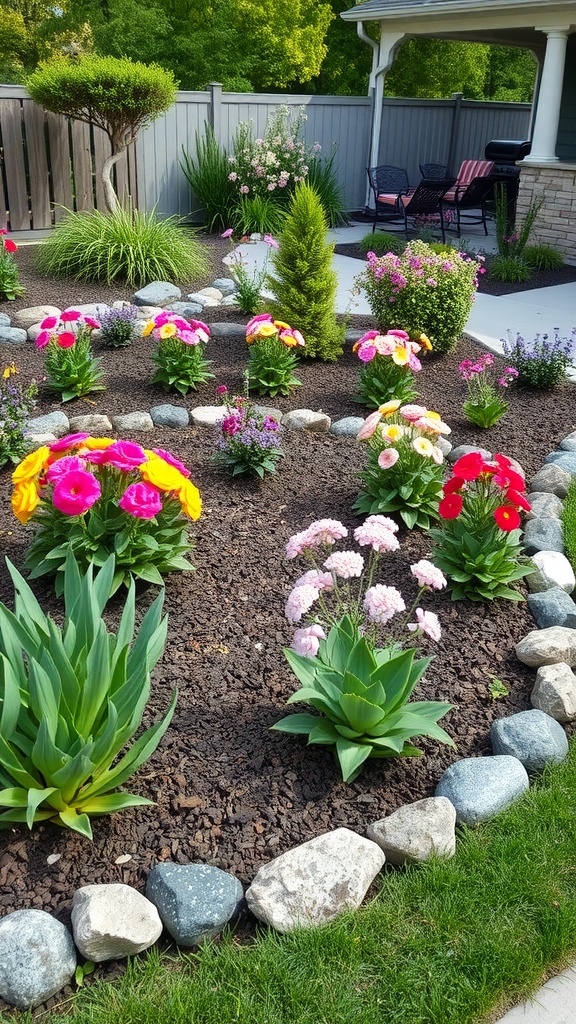 Colorful flower bed edged with smooth stones, showcasing vibrant blooms and a winding path.