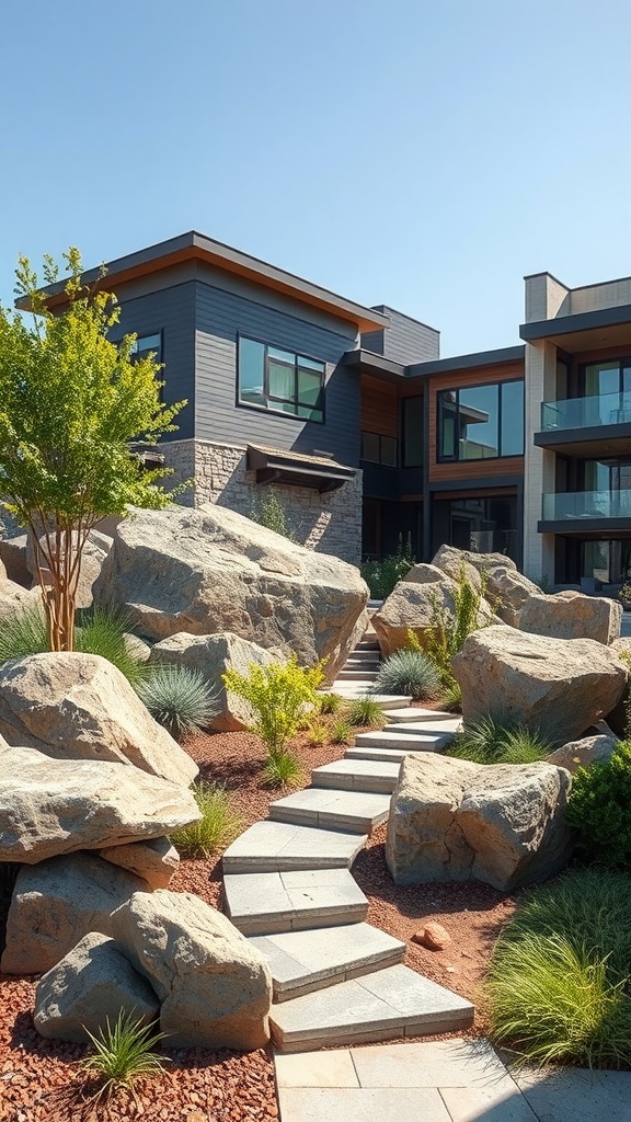 Urban landscape featuring large rock formations between modern buildings