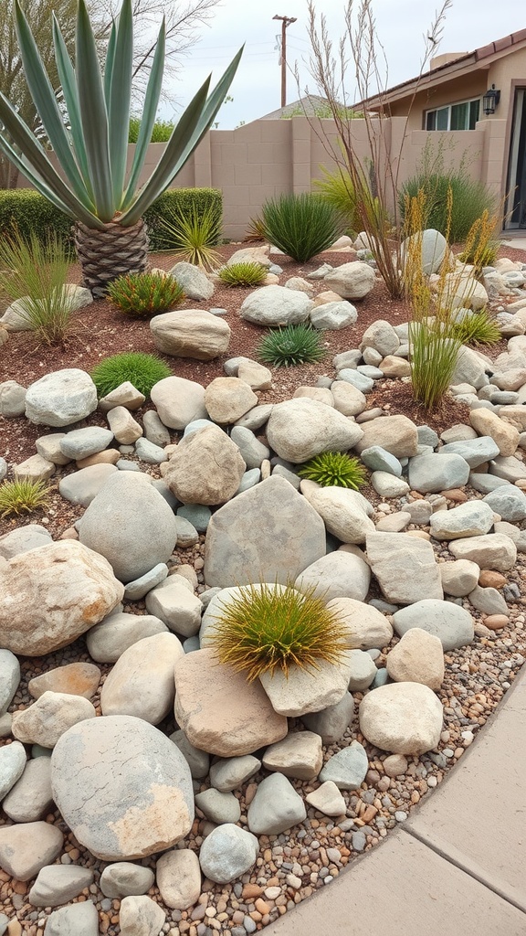 Image of a rock garden featuring various stones and plants in a side yard.