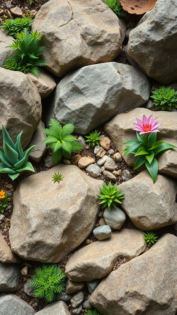 A rock garden featuring a mix of stones and various green plants, including a vibrant pink flower.