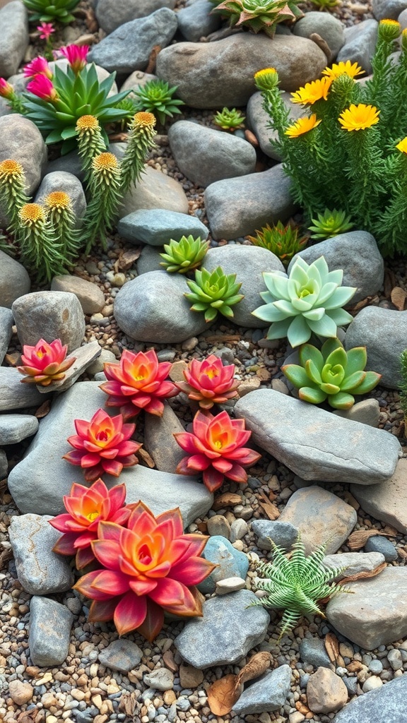 A vibrant rock garden featuring various succulents and colorful flowers among stones.