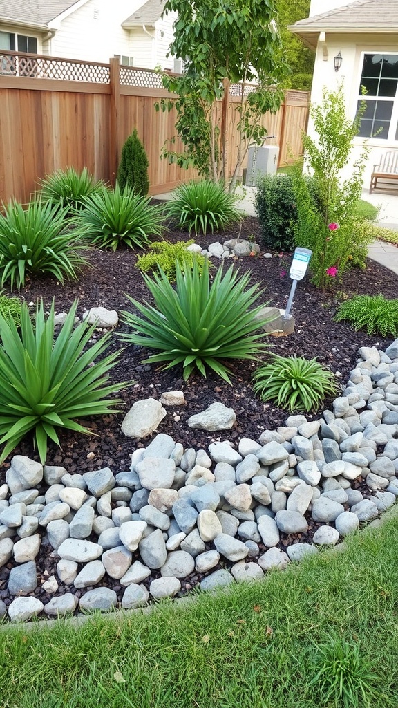 A landscaped garden featuring smooth stones, ornamental grasses, and low-growing plants.