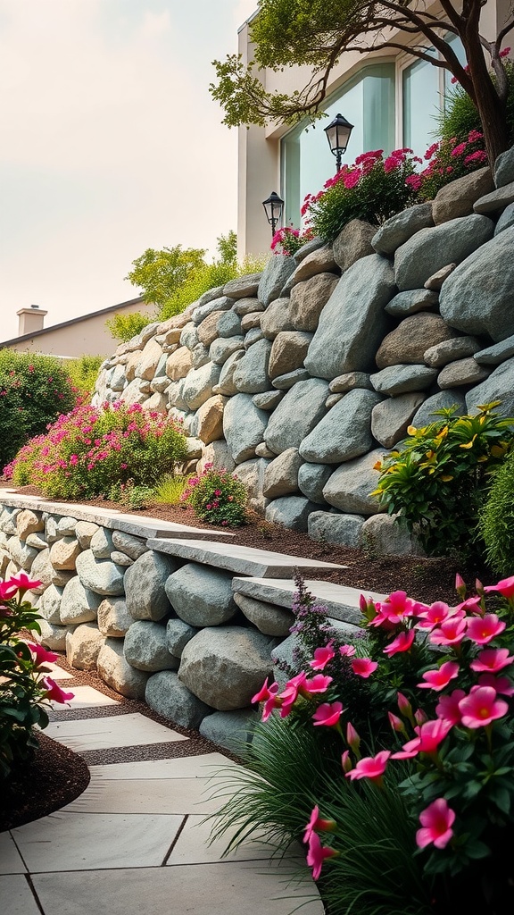 A beautifully landscaped hill with a rock retaining wall, vibrant flowers, and pathway