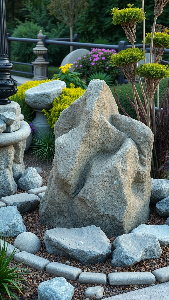 A rock sculpture surrounded by smaller stones and greenery in a landscaped garden.