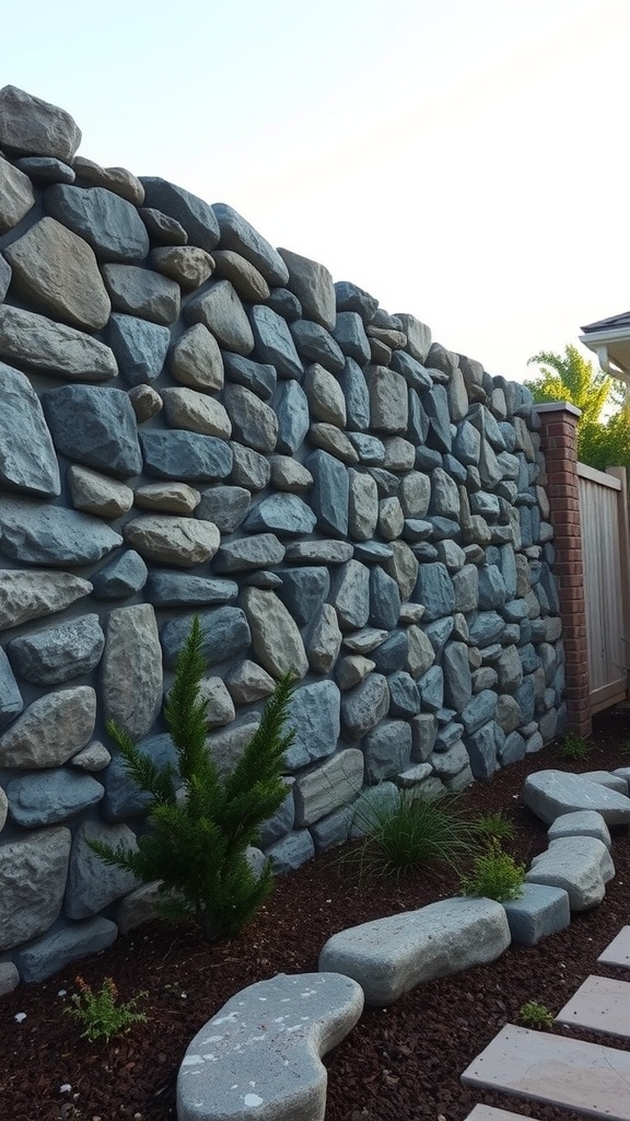 A decorative rock wall providing privacy in a landscaped garden.