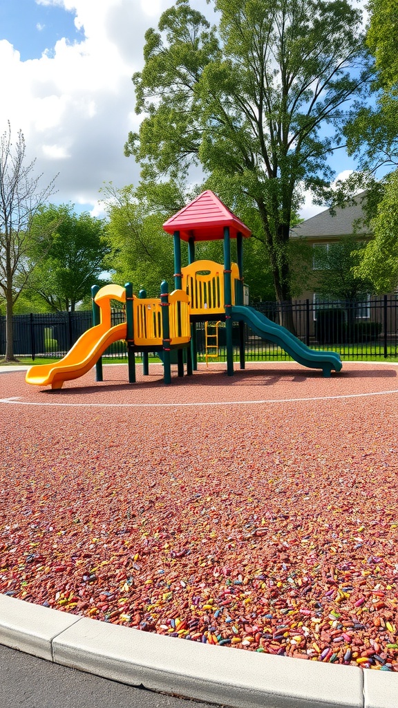 Play area with colorful rubber mulch, slides, and play structures