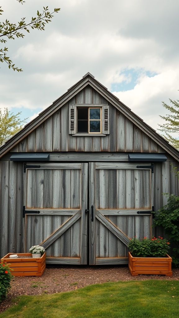 A rustic barn style shed with wooden doors and flower boxes in front