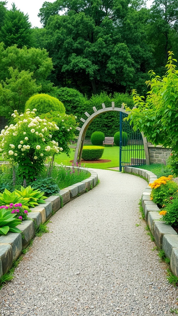 A rustic gravel pathway surrounded by lush greenery and flowering plants in a garden.