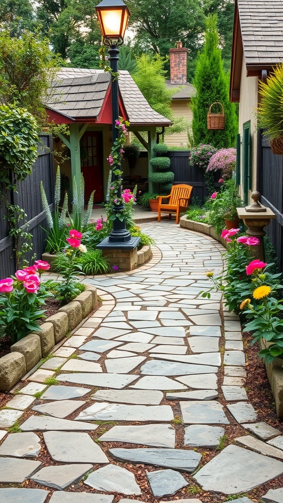 A picturesque rustic stone pathway lined with vibrant flowers leading through a cottage garden.