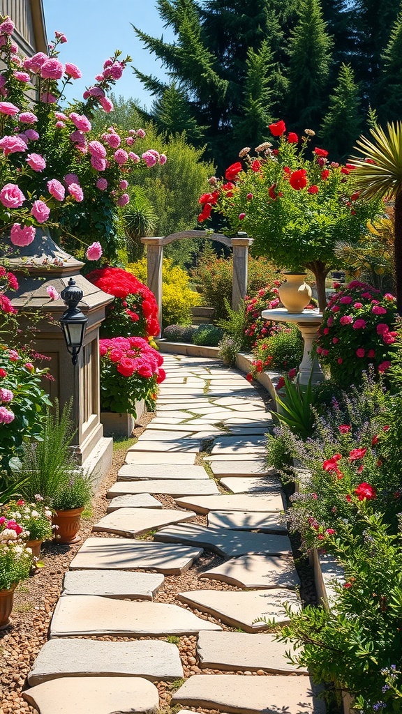 A charming stone pathway lined with colorful flowers and greenery