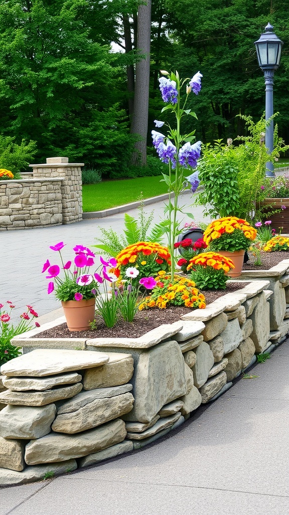 A rustic stone retaining wall with colorful flowers in a landscaped driveway