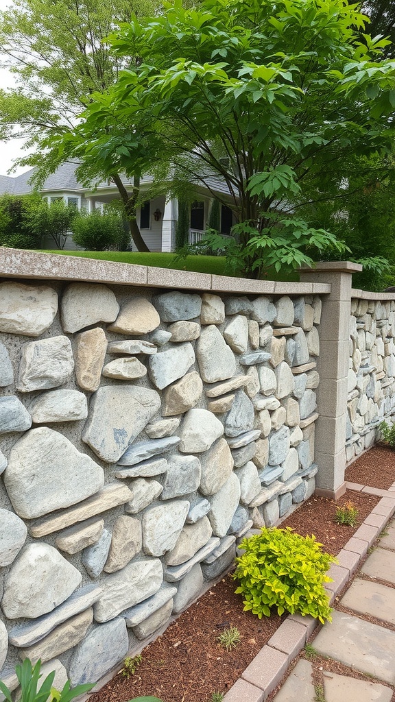 A rustic stone wall in a backyard with potted plants and a grassy path.