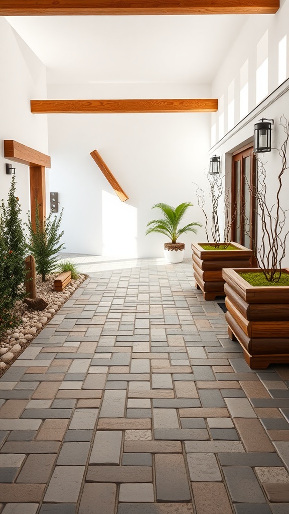 Driveway with rustic timber planters and stone pavers