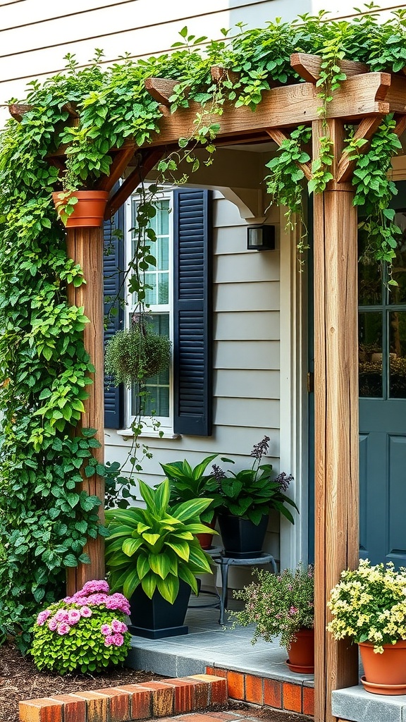 A rustic wooden trellis with climbing ivy at a front porch entrance.