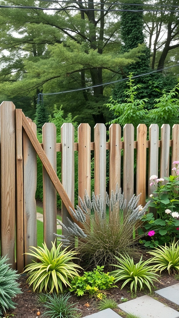 Rustic wooden fence surrounded by vibrant plants in a side yard