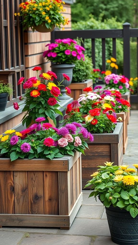 Colorful flowers in rustic wooden planters on a patio