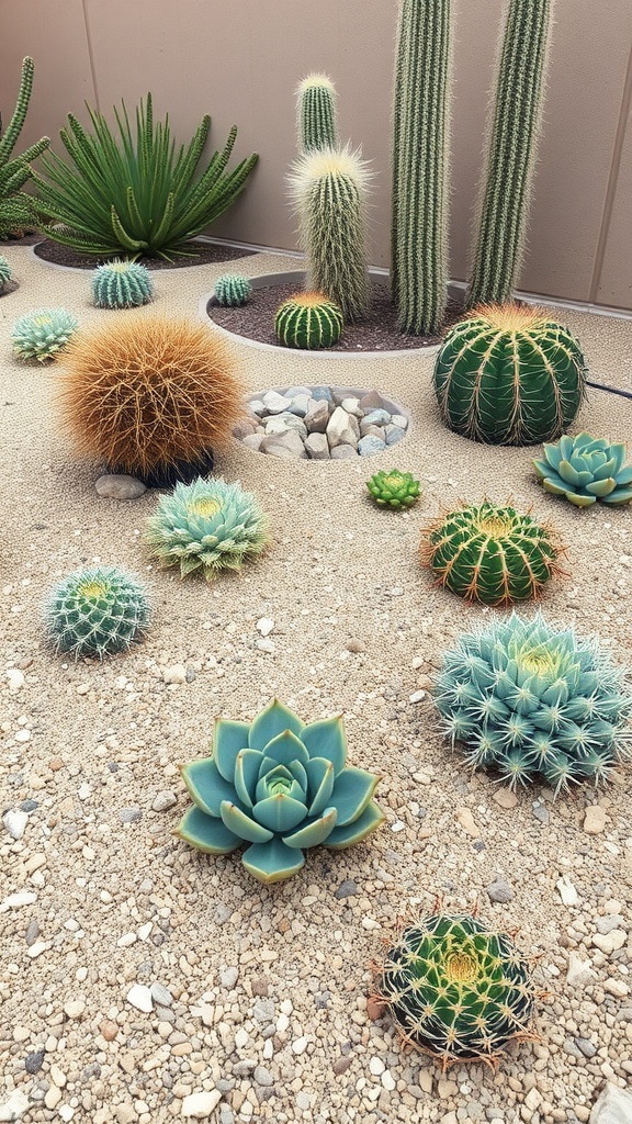 A xeriscaped garden with succulents and cacti on sand mulch.