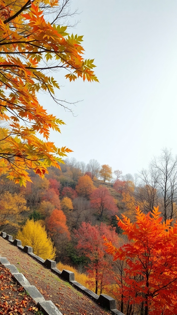 A colorful display of autumn foliage on a hillside, showcasing vibrant orange, red, and yellow leaves.