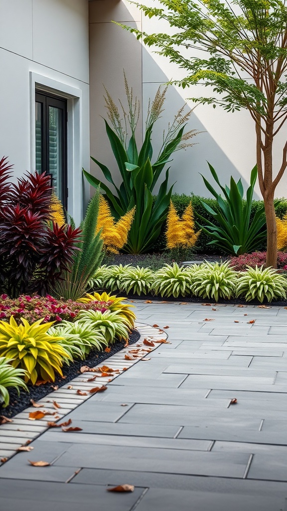 Colorful driveway landscape with seasonal plants.