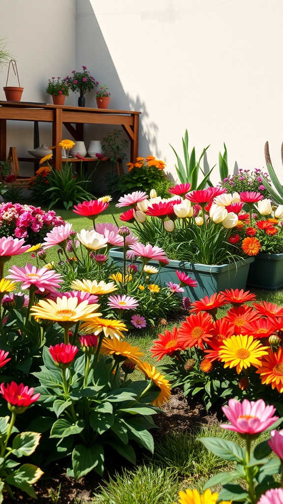 Colorful flower beds featuring various flowers in a bright garden setting.