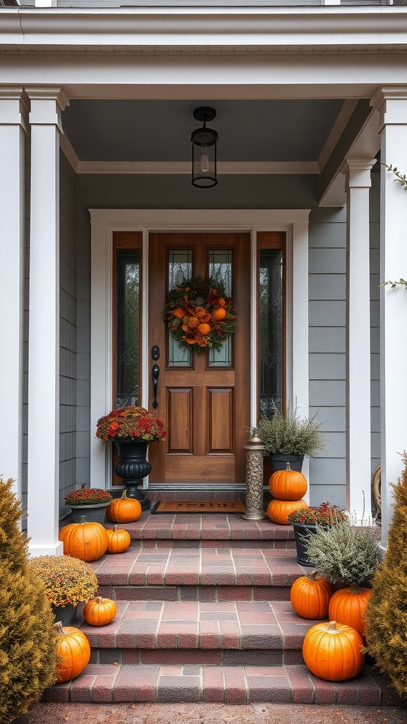 Front porch decorated with pumpkins and autumn flowers