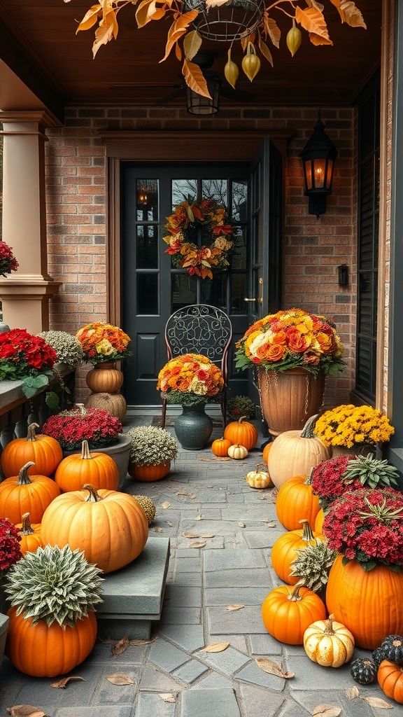 A beautifully decorated patio with pumpkins, colorful flowers, and fall foliage.