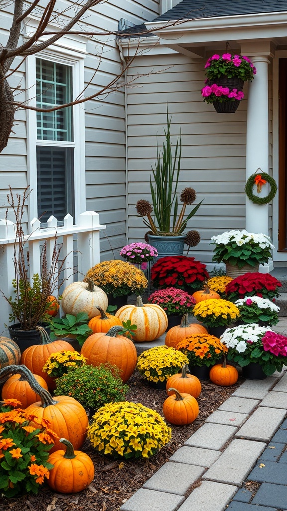 A side yard decorated with pumpkins and colorful flowers for autumn.