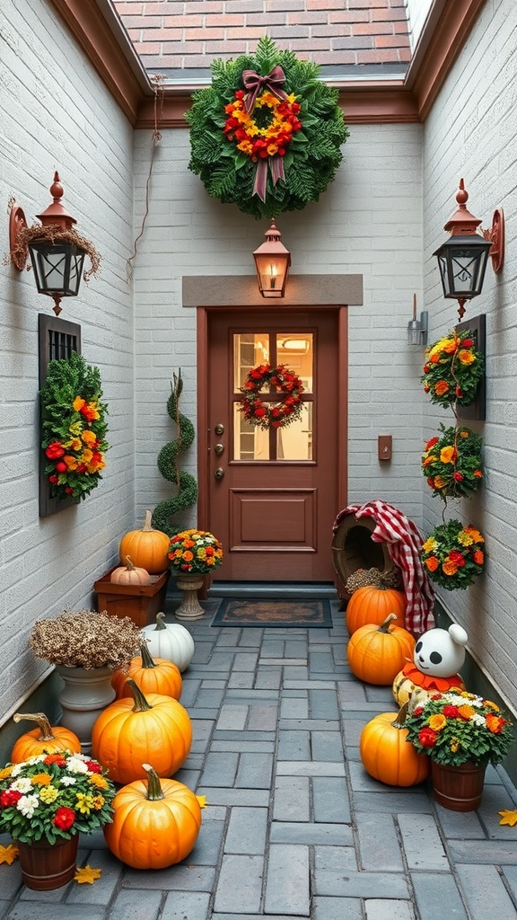 A beautifully decorated small courtyard for fall with pumpkins, colorful flowers, and seasonal wreaths.