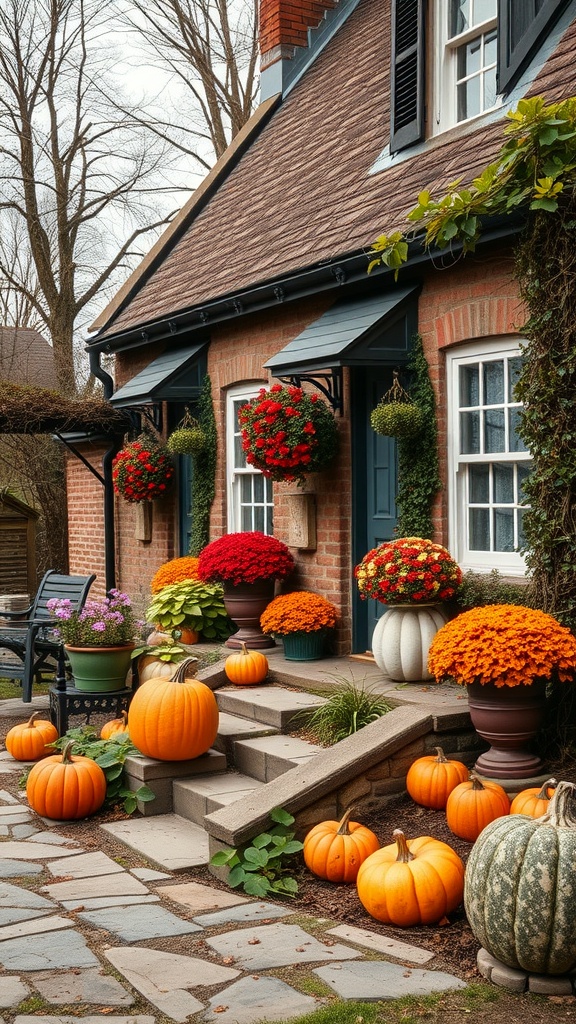 A cozy cottage garden with bright flowers and pumpkins, showcasing autumn decorations.